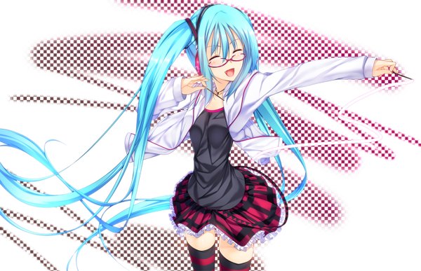 Anime picture 1700x1097 with vocaloid kocchi muite baby (vocaloid) hatsune miku tagme (artist) long hair highres open mouth twintails eyes closed aqua hair girl thighhighs skirt miniskirt glasses headphones striped thighhighs