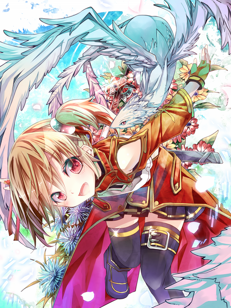Anime picture 1500x2000 with sword art online a-1 pictures silica pina (sao) sho (runatic moon) long hair tall image looking at viewer blush open mouth red eyes twintails orange hair girl dress gloves flower (flowers) petals belt fingerless gloves