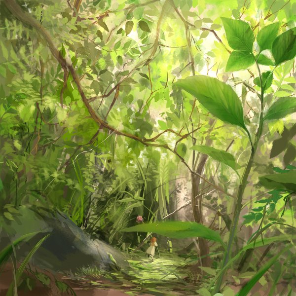 Anime picture 1200x1200 with the borrower arrietty studio ghibli arrietty kanata (pixiv 469340) single long hair from behind orange hair running minigirl girl flower (flowers) plant (plants) tree (trees) branch forest stone (stones)