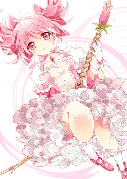Anime picture 1000x1411 with mahou shoujo madoka magica shaft (studio) kaname madoka ayumaru (art of life) single tall image looking at viewer short hair twintails pink hair bent knee (knees) lying pink eyes light smile short twintails magical girl girl gloves bow weapon