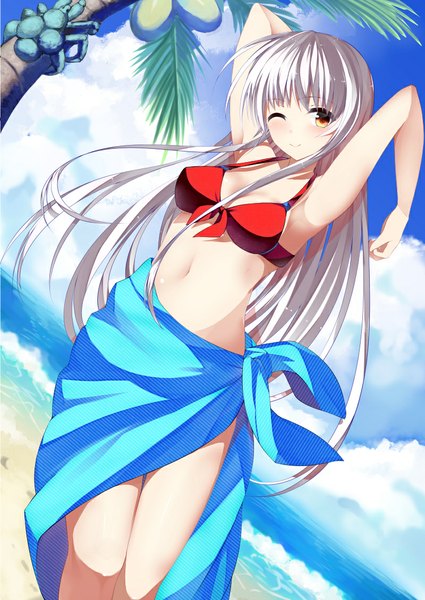 Anime picture 800x1129 with original iori (cpeilad) single long hair tall image looking at viewer blush fringe smile brown eyes sky cloud (clouds) white hair one eye closed wink midriff girl navel