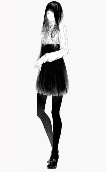 Anime picture 1000x1616 with sousou (sousouworks) single long hair tall image looking at viewer black hair simple background standing white background full body black eyes monochrome pale skin girl skirt pantyhose shoes sweater