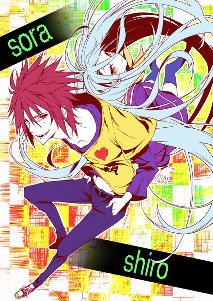 Anime picture 1736x2455 with no game no life madhouse shiro (no game no life) sora (no game no life) vice (kuronekohadokoheiku) long hair tall image looking at viewer highres short hair open mouth smile hair between eyes red eyes yellow eyes blue hair red hair inscription girl thighhighs