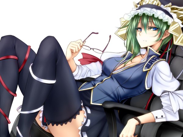 Anime picture 1920x1440 with touhou shikieiki yamaxanadu otouto (caster5) single blush highres short hair blue eyes sitting cleavage green hair legs girl thighhighs black thighhighs hat pantyhose glasses