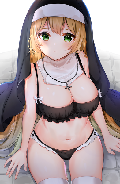 Anime picture 1962x3000 with original katsushika pachi single long hair tall image looking at viewer blush fringe highres breasts light erotic blonde hair large breasts sitting green eyes payot cleavage from above arm support bare belly