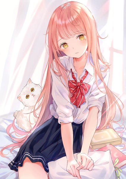 Anime picture 1000x1414 with original nabi (uz02) single long hair tall image looking at viewer blush fringe sitting yellow eyes payot pink hair indoors long sleeves head tilt pleated skirt mole arm support bare legs mole under eye