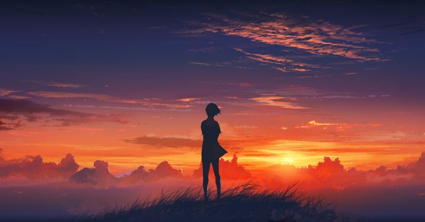 Anime picture 1640x860 with original agnidevi (artist) single short hair wide image sky cloud (clouds) wind from behind night sky back evening sunset landscape silhouette field girl dress plant (plants) grass