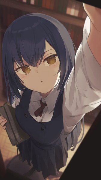 Anime picture 1080x1920 with original rb2 single long hair tall image fringe hair between eyes yellow eyes blue hair indoors arm up from above girl uniform school uniform book (books) shelf bookshelf