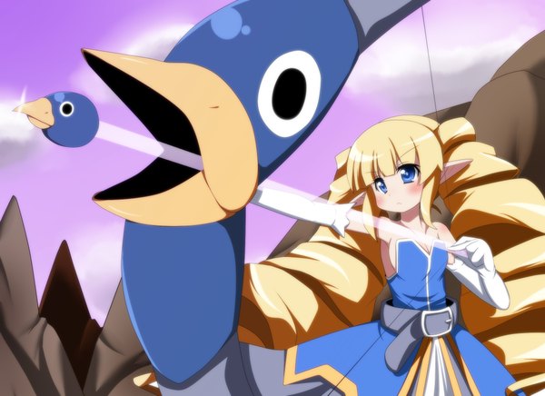 Anime picture 2200x1600 with disgaea archer (disgaea) oborotsuki kakeru long hair highres blue eyes blonde hair twintails pointy ears drill hair girl dress gloves weapon elbow gloves bow (weapon)