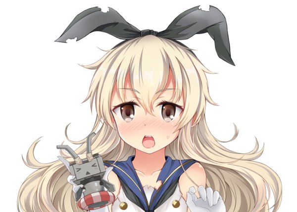 Anime picture 1253x898 with kantai collection shimakaze destroyer rensouhou-chan jianren single long hair looking at viewer blush open mouth simple background blonde hair white background grey eyes torn clothes > < girl gloves ribbon (ribbons) hair ribbon white gloves