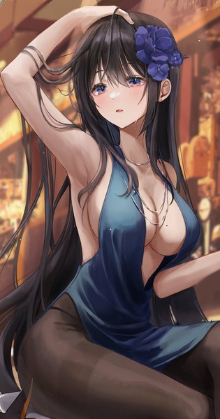 Anime picture 1404x2676 with original myowa single long hair tall image blush fringe breasts light erotic black hair hair between eyes large breasts sitting purple eyes payot looking away cleavage indoors very long hair parted lips