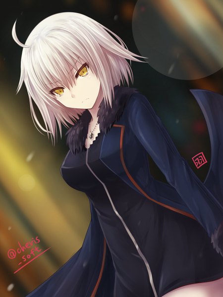 Anime picture 600x800 with fate (series) fate/grand order jeanne d'arc (fate) (all) jeanne d'arc alter (fate) haura akitoshi single tall image looking at viewer fringe short hair breasts blonde hair hair between eyes signed yellow eyes ahoge blurry depth of field fur trim twitter username