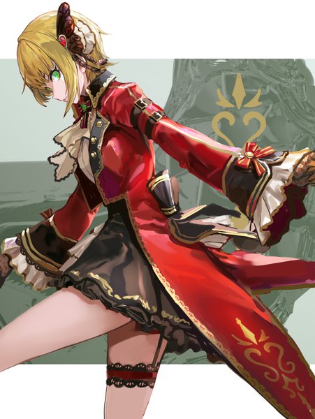 Anime picture 751x1000 with idolmaster idolmaster cinderella girls idolmaster cinderella girls starlight stage miyamoto frederica infukun single tall image looking at viewer fringe short hair blonde hair simple background standing green eyes payot profile wide sleeves standing on one leg soleil et lune girl