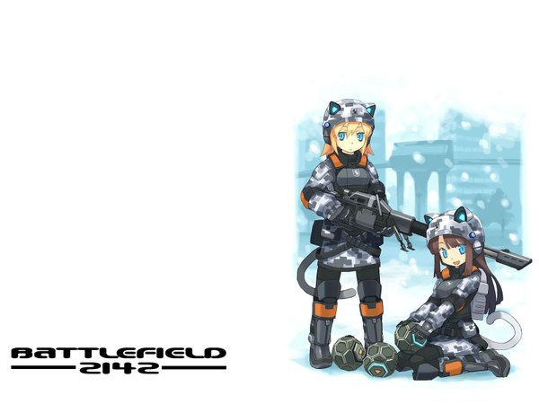Anime picture 1600x1200 with battlefield battlefield 2142 tanaka (cow) long hair looking at viewer fringe short hair open mouth blue eyes blonde hair hair between eyes brown hair standing white background sitting multiple girls animal ears full body tail :d