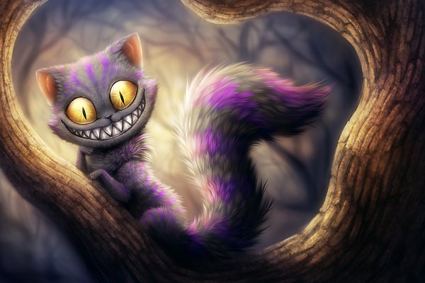 Anime picture 2700x1800 with alice in wonderland cheshire cat kikariz highres smile animal ears yellow eyes tail pointy ears cat ears teeth sharp teeth plant (plants) animal tree (trees) cat