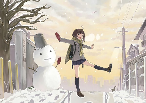 Anime picture 1000x707 with original ataru (ataru squall) single blush short hair open mouth brown hair brown eyes cloud (clouds) full body pleated skirt snowing winter snow exhalation girl skirt plant (plants) miniskirt animal