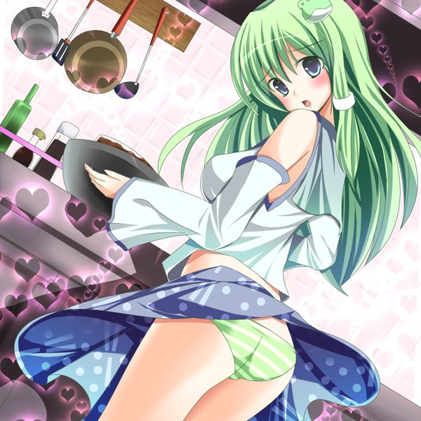 Anime picture 1600x1600 with touhou kochiya sanae lio (artist) single long hair blush open mouth blue eyes light erotic bare shoulders looking back green hair skirt lift girl hair ornament underwear panties detached sleeves food heart