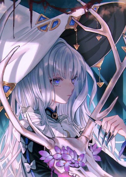 Anime picture 2976x4175 with original fuyuumikou single long hair tall image highres blue eyes looking away silver hair upper body fingernails long fingernails girl flower (flowers) hat witch hat skull