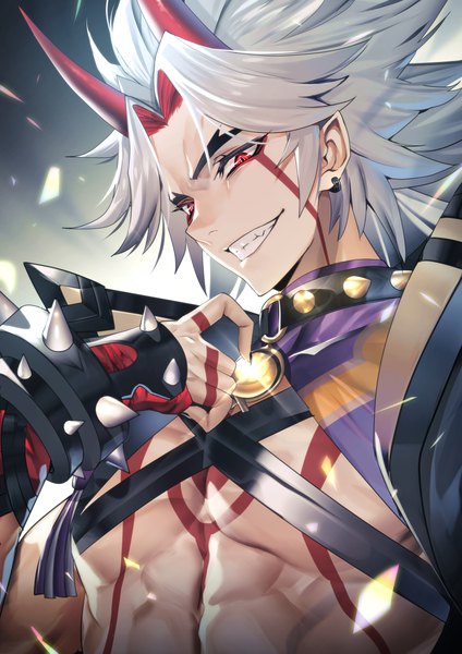 Anime picture 1771x2508 with genshin impact arataki itto teddy (khanshin) single long hair tall image looking at viewer highres smile red eyes silver hair upper body nail polish horn (horns) fingernails teeth tattoo grin facial mark muscle