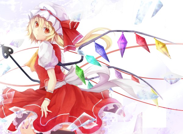 Anime picture 1200x880 with touhou flandre scarlet wakame mi single short hair blonde hair red eyes looking back girl dress skirt weapon wings bonnet skirt set crystal laevatein (touhou)