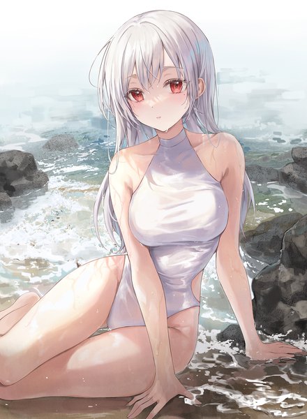 Anime picture 1500x2045 with original heeri single long hair tall image looking at viewer fringe breasts light erotic hair between eyes red eyes sitting outdoors white hair barefoot mole arm support wet mole under eye thigh gap