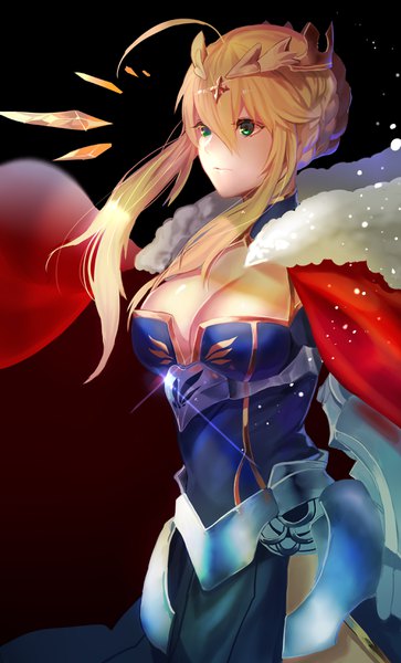 Anime picture 2000x3300 with fate (series) fate/grand order artoria pendragon (all) artoria pendragon (lancer) sakupannda06o single tall image fringe highres short hair breasts light erotic blonde hair simple background hair between eyes large breasts standing green eyes payot looking away