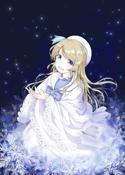 Anime picture 814x1144 with love live! school idol project sunrise (studio) love live! ayase eli shino (shinderera) single long hair tall image open mouth blue eyes blonde hair signed from above looking up girl beret snowflake (snowflakes) mantle