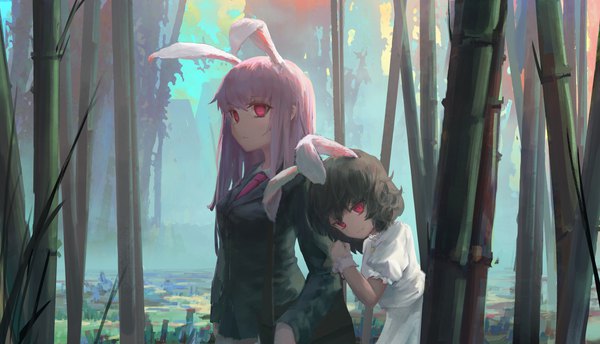 Anime picture 4316x2480 with touhou reisen udongein inaba inaba tewi you xu long hair looking at viewer fringe highres short hair black hair red eyes wide image multiple girls animal ears pink hair absurdres upper body short sleeves bunny ears puffy sleeves