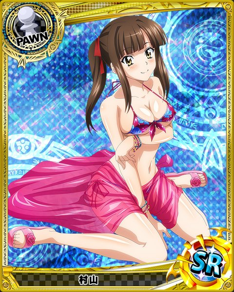 Anime picture 640x800 with highschool dxd murayama (high school dxd) single long hair tall image looking at viewer blush breasts light erotic smile brown hair sitting twintails yellow eyes cleavage wariza card (medium) girl navel swimsuit