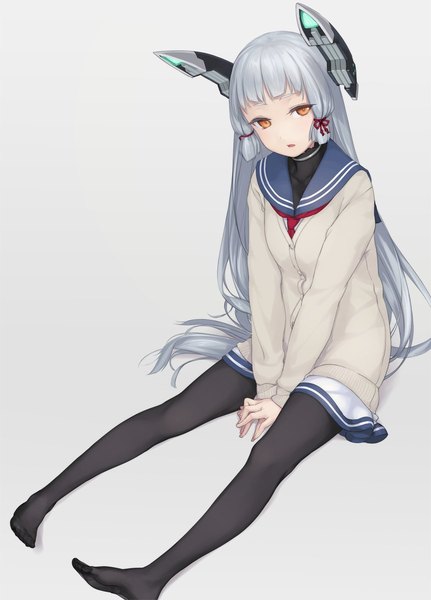 Anime picture 863x1200 with kantai collection murakumo destroyer rokuwata tomoe single long hair tall image fringe simple background sitting silver hair full body blunt bangs long sleeves grey background :o orange eyes no shoes tress ribbon girl uniform