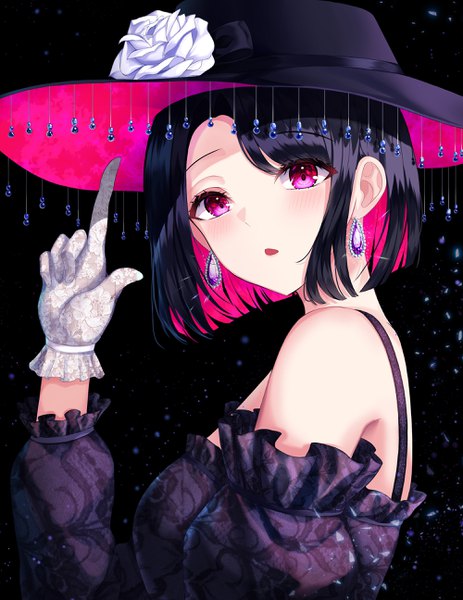 Anime picture 2000x2591 with original gongha single tall image looking at viewer blush fringe highres short hair breasts open mouth black hair simple background bare shoulders pink eyes multicolored hair arm up two-tone hair :o black background