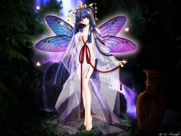 Anime picture 1600x1200 with touka gettan kamiazuma touka single long hair brown eyes blue hair legs insect wings butterfly wings girl hair ornament ribbon (ribbons) wings jewelry pitcher
