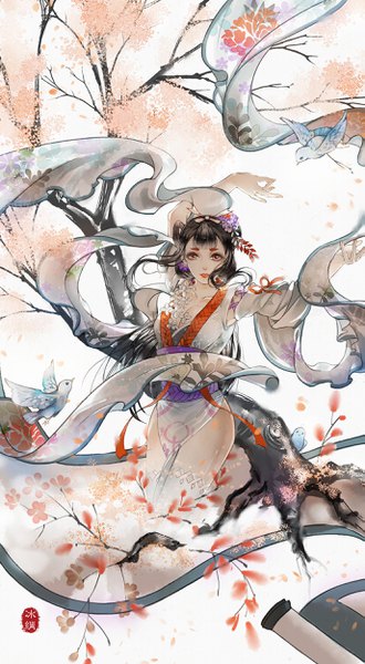 Anime-Bild 1375x2500 mit onmyoji kachou fuugetsu (onmyoji) bingxiaojian single long hair tall image looking at viewer breasts black hair red eyes large breasts absurdres traditional clothes wind arms up cherry blossoms floral print girl thighhighs hair ornament