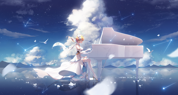 Anime picture 5000x2657 with genshin impact lumine (genshin impact) zhuchengbi single highres short hair blonde hair wide image sitting absurdres sky cloud (clouds) full body eyes closed profile hair flower high heels playing instrument girl dress