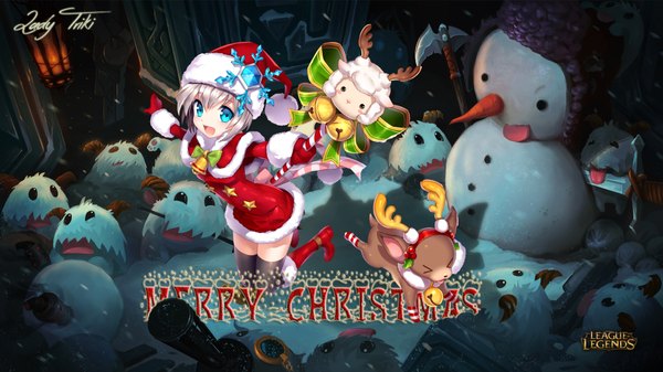 Anime picture 1920x1080 with league of legends original poro (league of legends) tagme (artist) lady triki (artist) looking at viewer blush highres short hair open mouth blue eyes smile wide image silver hair fur trim christmas merry christmas girl thighhighs black thighhighs