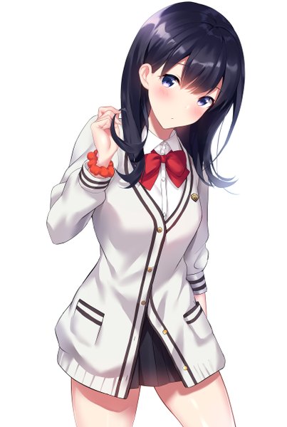 Anime picture 1679x2500 with gridman universe ssss.gridman studio trigger takarada rikka cocona (coconacafe) single long hair tall image looking at viewer blush fringe blue eyes black hair simple background hair between eyes standing white background head tilt pleated skirt holding hair