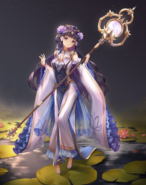 Anime picture 1129x1430 with houchi shoujo lunacle single long hair tall image looking at viewer fringe black hair smile standing purple eyes holding payot full body outdoors blunt bangs traditional clothes parted lips head tilt hair flower