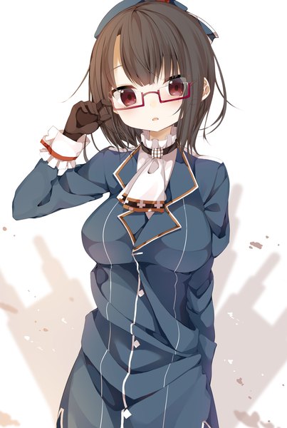 Anime picture 1785x2657 with kantai collection takao heavy cruiser kayahara (kayaka) single tall image looking at viewer blush highres short hair red eyes brown hair white background girl gloves black gloves glasses beret