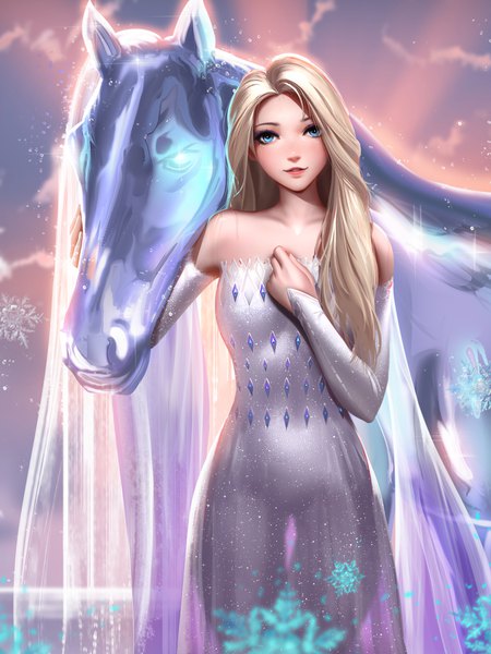 Anime picture 3000x4000 with frozen (disney) disney elsa (frozen) liang xing single long hair tall image looking at viewer blush fringe highres blue eyes blonde hair smile standing bare shoulders sky cloud (clouds) outdoors parted lips