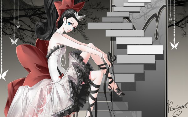 Anime picture 1440x900 with original cinderella kaminary single long hair tall image looking at viewer blue eyes black hair sitting bare shoulders ponytail profile light smile high heels sleeveless bare back leg lift (legs lift) girl dress
