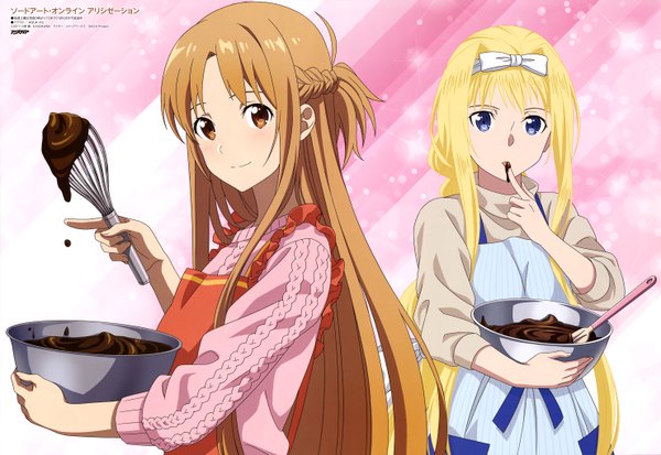 Anime picture 5920x4076 with sword art online sword art online: alicization a-1 pictures animedia yuuki asuna alice zuberg aquastar inc. long hair looking at viewer blush fringe highres blue eyes blonde hair smile brown hair standing multiple girls holding brown eyes