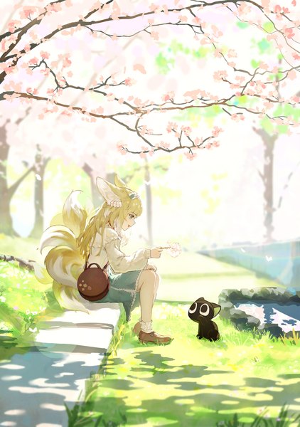 Anime-Bild 2338x3322 mit the legend of luo xiaohei arknights suzuran (arknights) luo xiaohei suzuran (spring praise) (arknights) nihnfinite8 single long hair tall image highres open mouth blue eyes blonde hair sitting holding animal ears full body outdoors tail :d