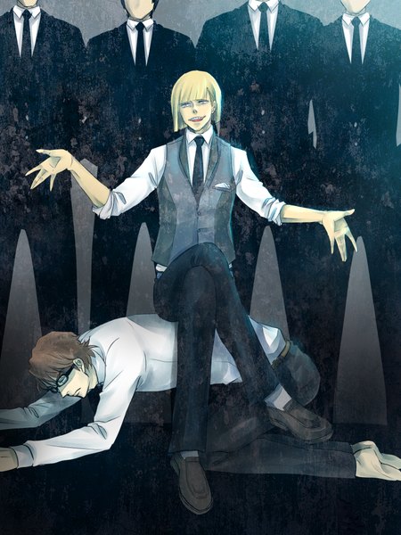 Anime picture 1500x2000 with bleach studio pierrot aizen sousuke hirako shinji love (pixiv) tall image fringe short hair open mouth blonde hair smile brown hair standing sitting barefoot crossed legs happy sitting on person shirt glasses