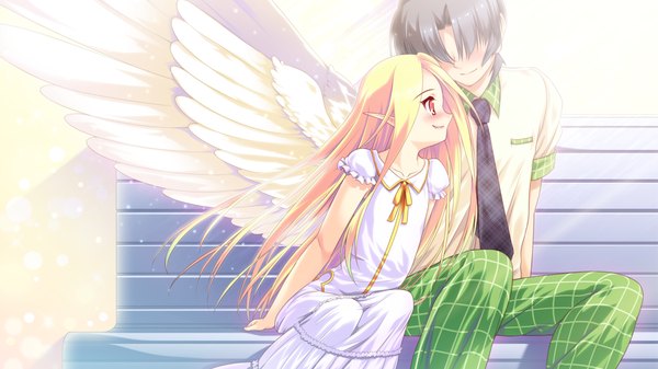 Anime picture 1280x720 with colorful cure moric (artist) long hair blush short hair black hair blonde hair red eyes wide image sitting looking away game cg pointy ears couple no face faceless male girl boy wings necktie