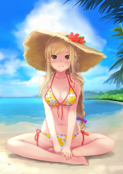 Anime picture 1000x1414 with schoolgirl strikers school girl strikers yaginuma io occhan single long hair tall image looking at viewer blush fringe breasts light erotic blonde hair smile sitting bare shoulders yellow eyes sky cloud (clouds) bent knee (knees)