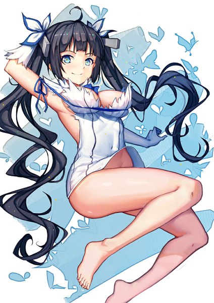 Anime picture 744x1052 with dungeon ni deai wo motomeru no wa machigatteiru darou ka j.c. staff hestia (danmachi) soulkiller (brz) single long hair tall image breasts blue eyes light erotic black hair smile twintails covered navel rei no himo girl dress gloves bow hair bow