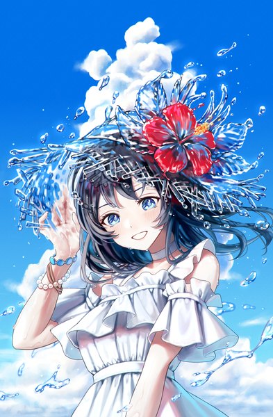 Anime picture 2410x3684 with original torinari (dtvisu) single long hair tall image looking at viewer highres blue eyes black hair smile sky cloud (clouds) upper body grin liquid clothes girl dress flower (flowers) hat choker