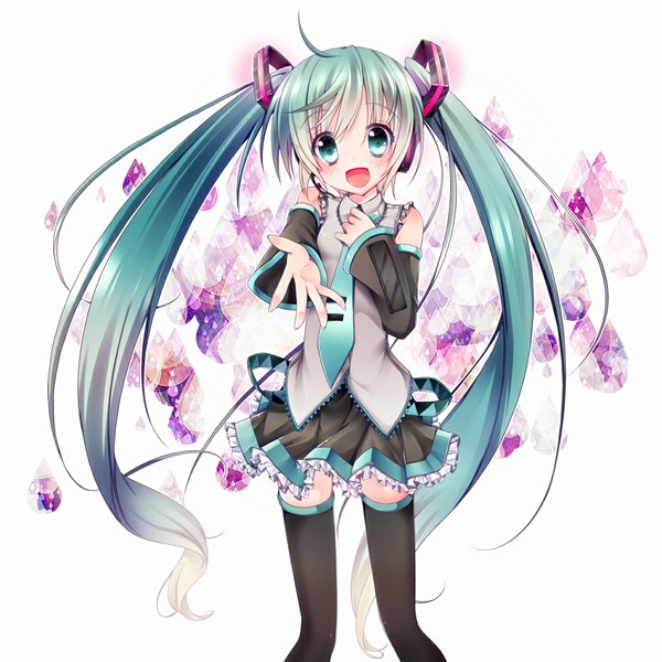 Anime picture 1000x1000 with vocaloid hatsune miku kirasaki single looking at viewer blush fringe open mouth simple background white background twintails bare shoulders ahoge very long hair aqua eyes aqua hair outstretched hand girl thighhighs black thighhighs