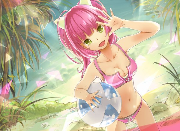 Anime-Bild 1000x733 mit umi monogatari zexcs urin (umi monogatari) tanaka (colorcorn) long hair open mouth light erotic twintails green eyes pink hair girl navel swimsuit plant (plants) beachball