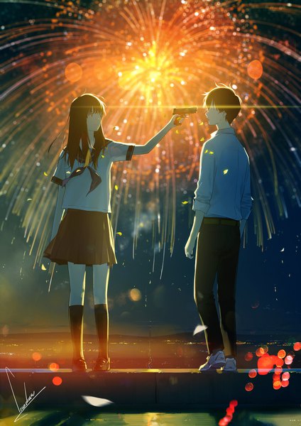 Anime-Bild 990x1400 mit okujou no terorisuto original loundraw long hair tall image short hair black hair standing holding signed full body ahoge pleated skirt from behind night official art night sky lens flare outstretched arm eye contact